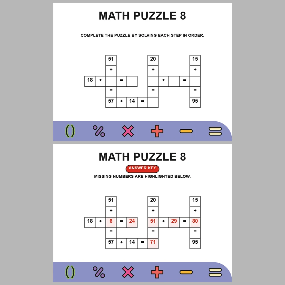 Math Puzzle Addition 10 Puzzle Pages + 10 Answer Key Pages (Vol. 2)