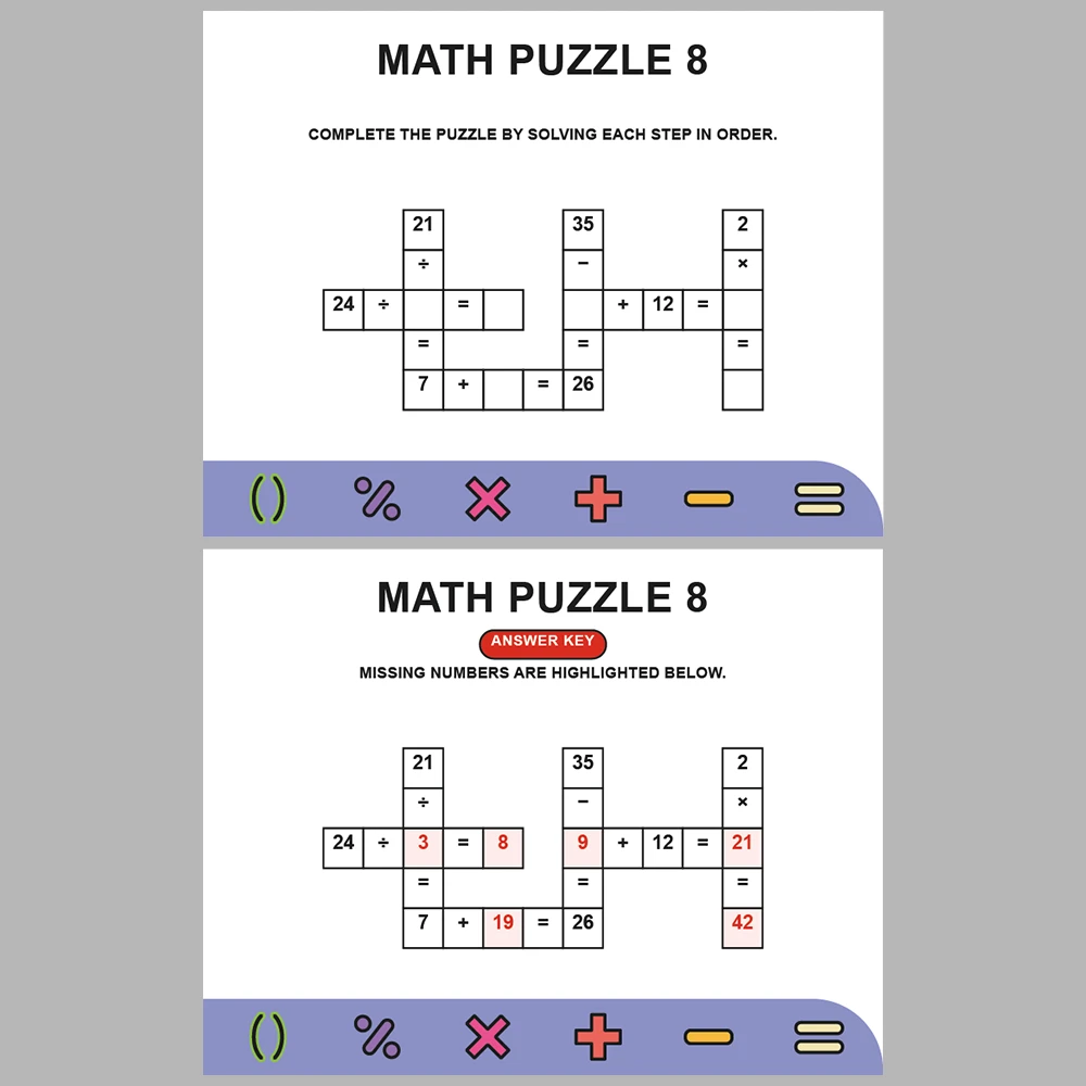 Math Puzzle Four Operations 10 Puzzle Pages + 10 Answer Key Pages (Vol. 4)
