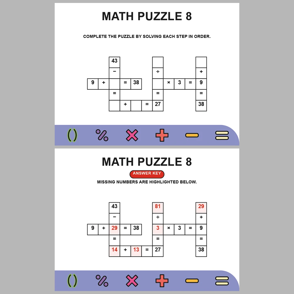 Math Puzzle Four Operations 10 Puzzle Pages + 10 Answer Key Pages (Vol. 7)