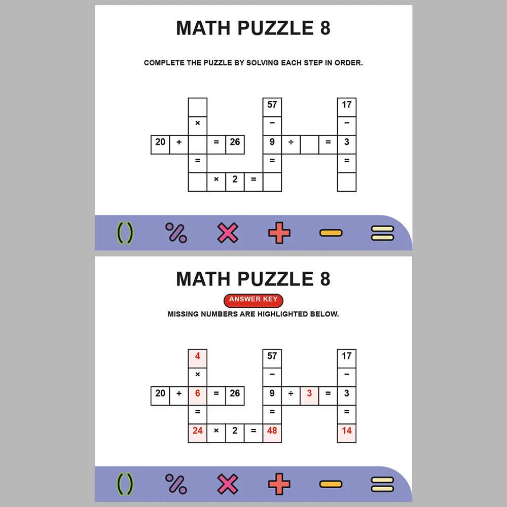Math Puzzle Four Operations 10 Puzzle Pages + 10 Answer Key Pages (Vol. 6)