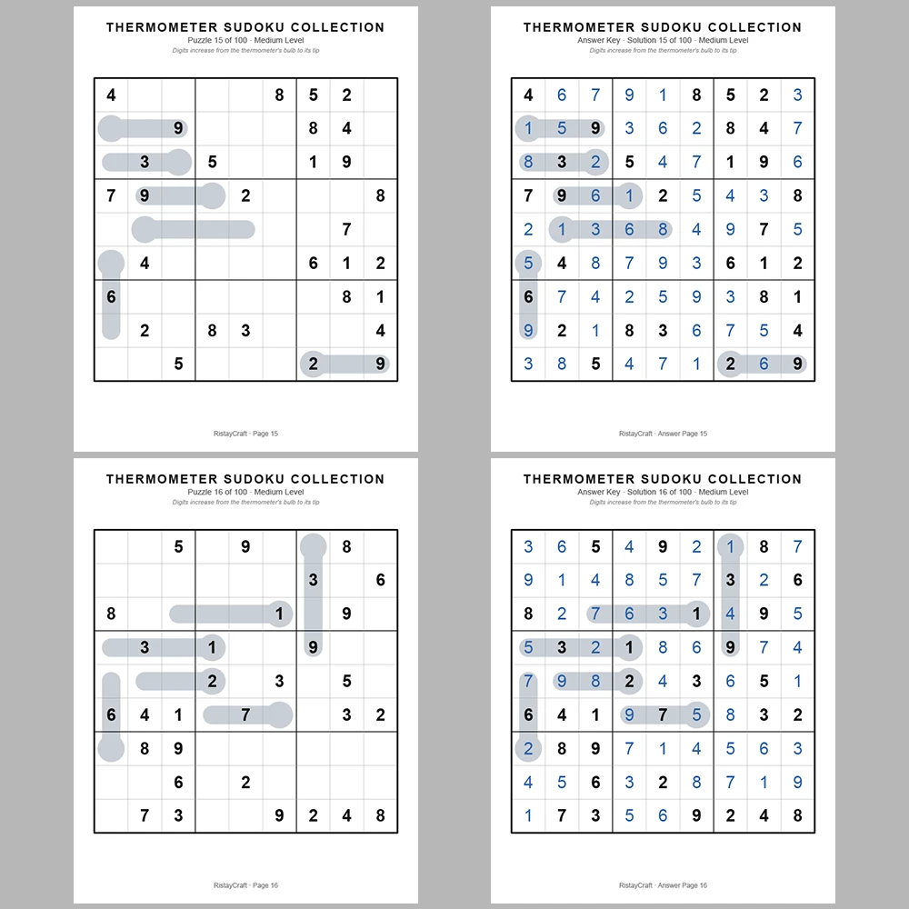 Sudoku Puzzle Thermometer Sudoku 100 Puzzle Pages + 100 Answer Key Pages