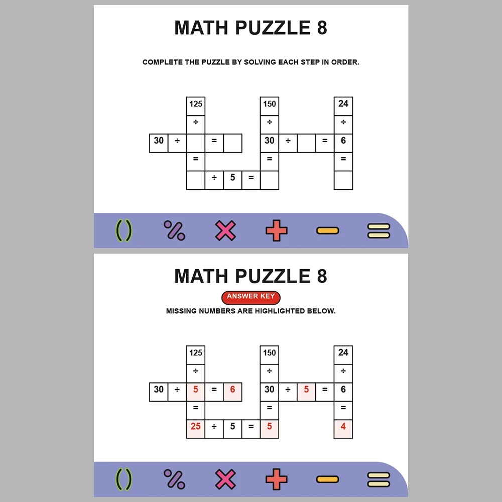 Math Puzzle Division 10 Puzzle Pages + 10 Answer Key Pages (Vol. 4)