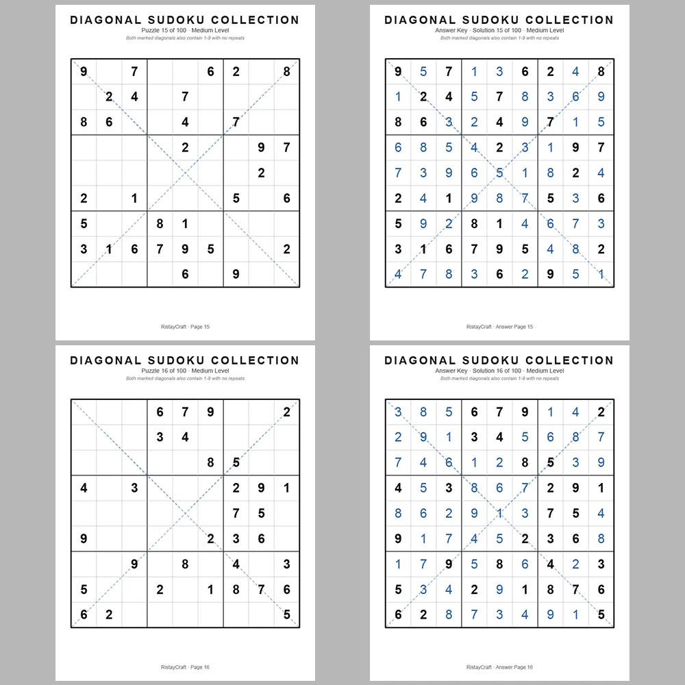 Sudoku Puzzle Diagonal Sudoku 100 Puzzle Pages + 100 Answer Key Pages