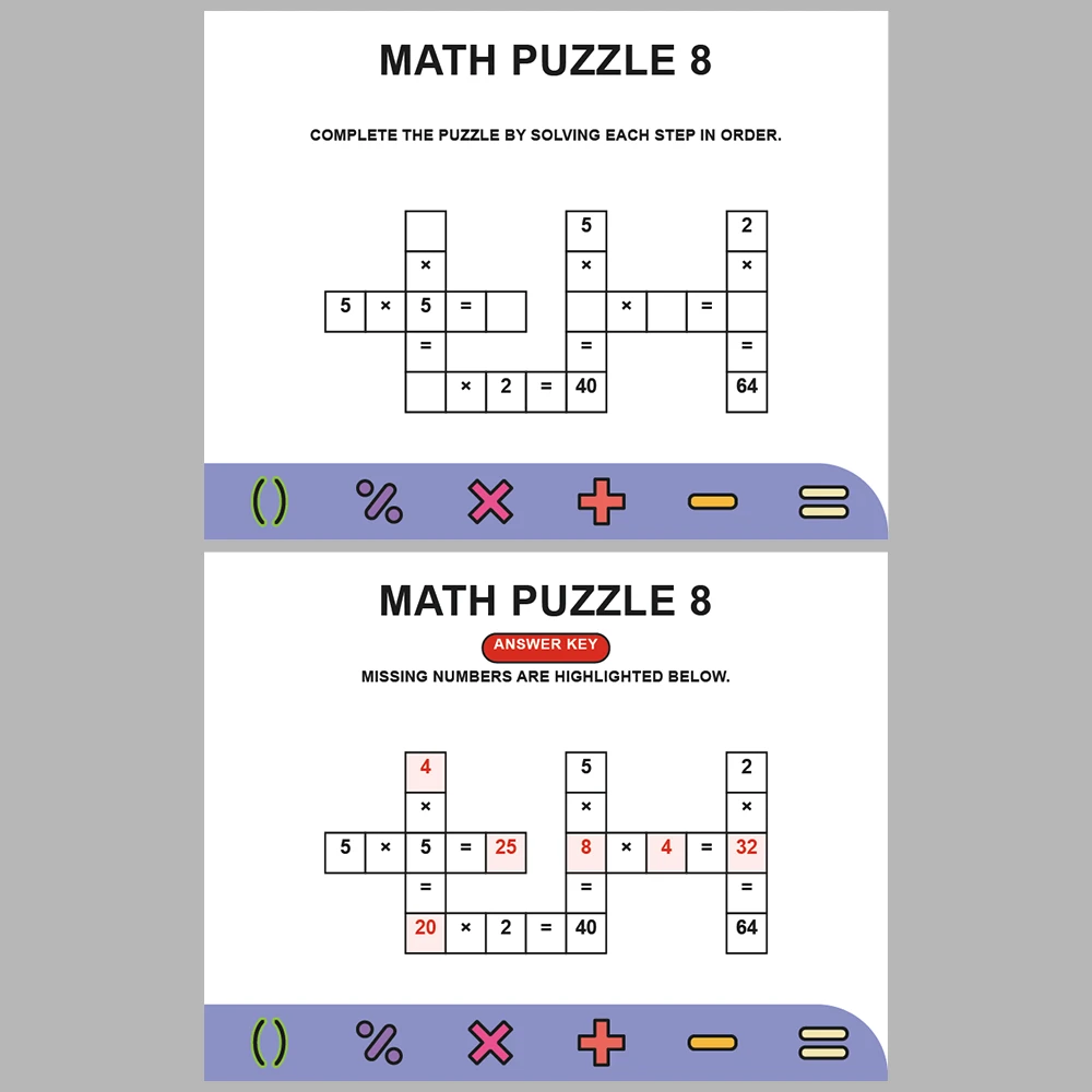 Math Puzzle Multiplication 10 Puzzle Pages + 10 Answer Key Pages (Vol. 2)