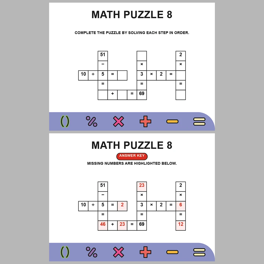 Math Puzzle Four Operations 10 Puzzle Pages + 10 Answer Key Pages (Vol. 19)