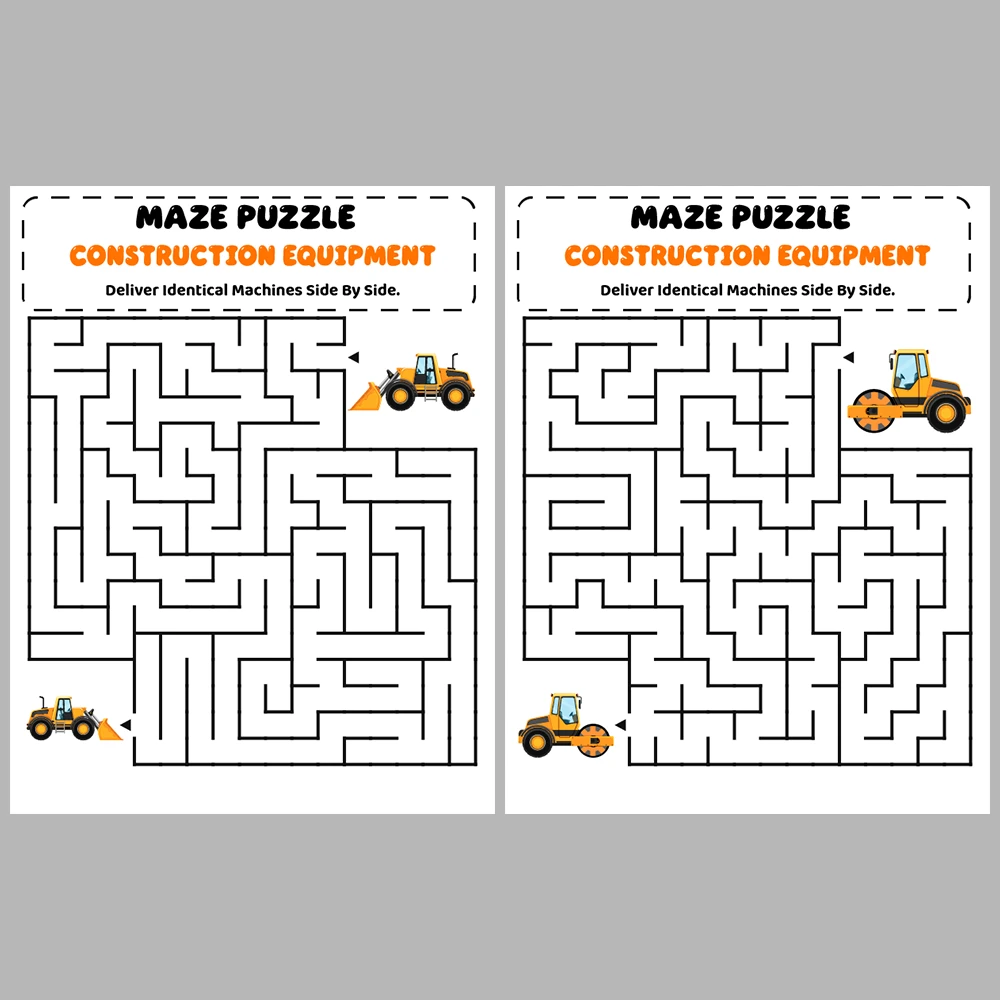 Construction Equipment Kids Maze Puzzle 10 Puzzle Pages + 10 Answer Key Pages
