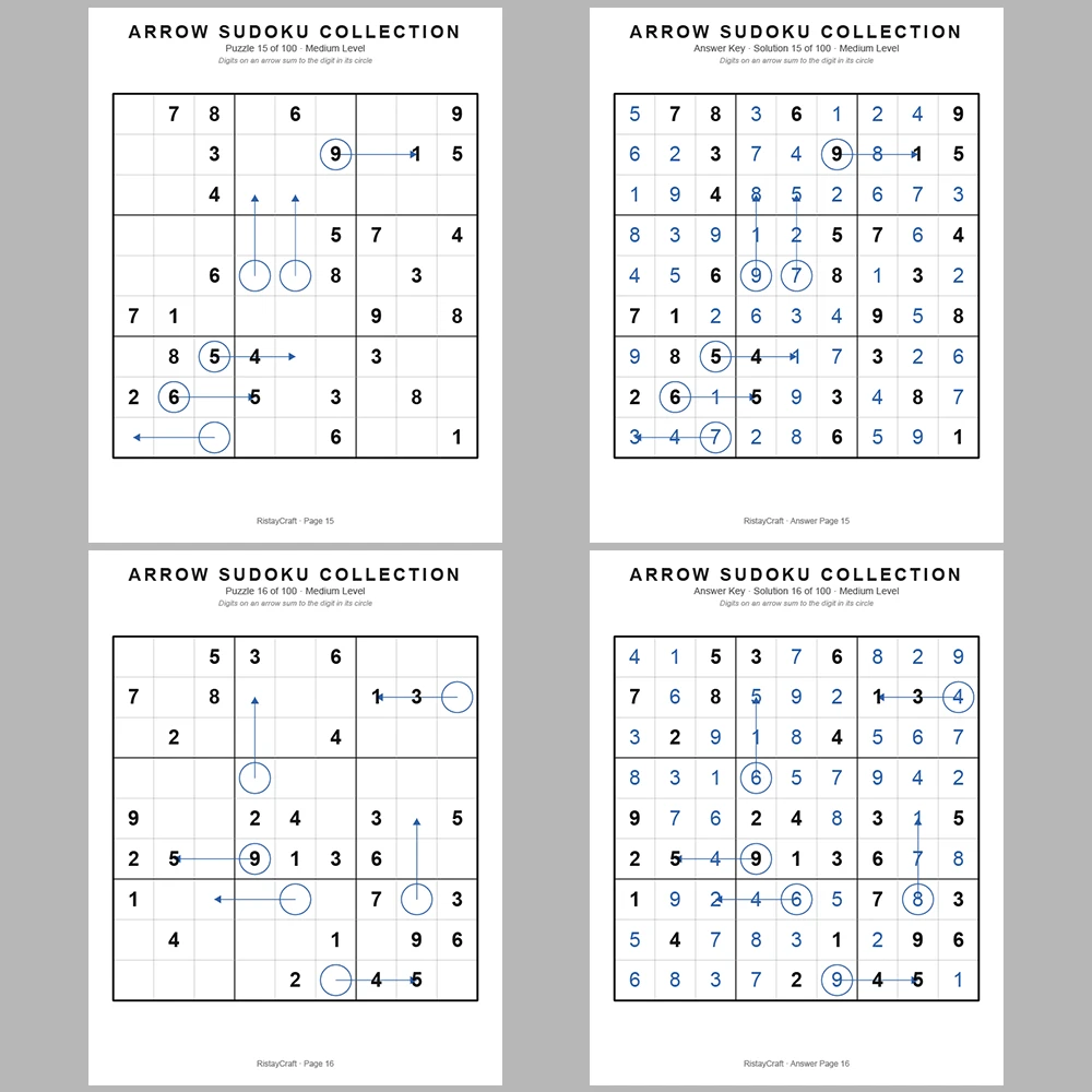 Suooku Puzzle Arrow Sudoku 100 Puzzle Pages + 100 Answer Key Pages