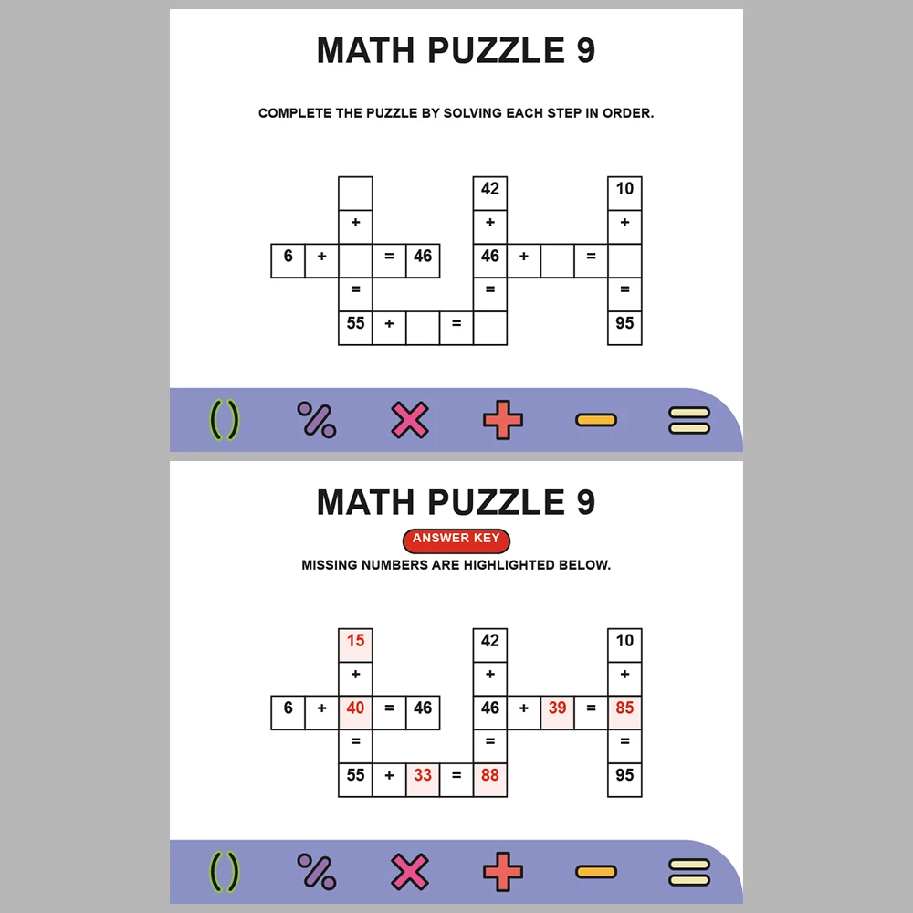 Math Puzzle Addition 10 Puzzle Pages + 10 Answer Key Pages (Vol. 5)