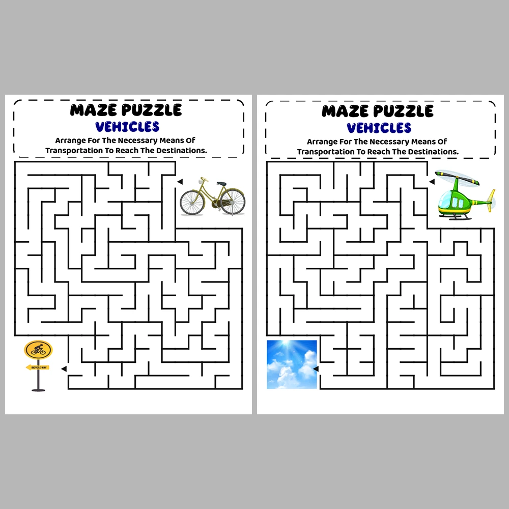 Vehicles Kids Maze Puzzle 10 Pages of Puzzles