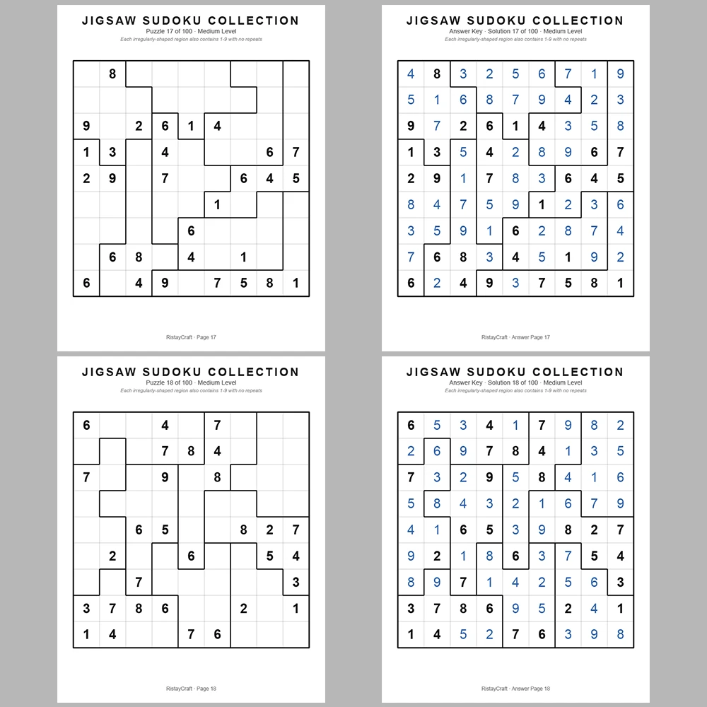 Sudoku Puzzle Jigsaw Sudoku 100 Puzzle Pages + 100 Answer Key Pages
