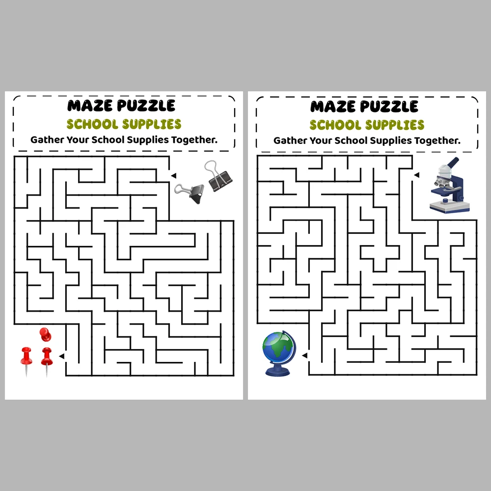 School Supplies Kids Maze Puzzle 10 Pages of Puzzles