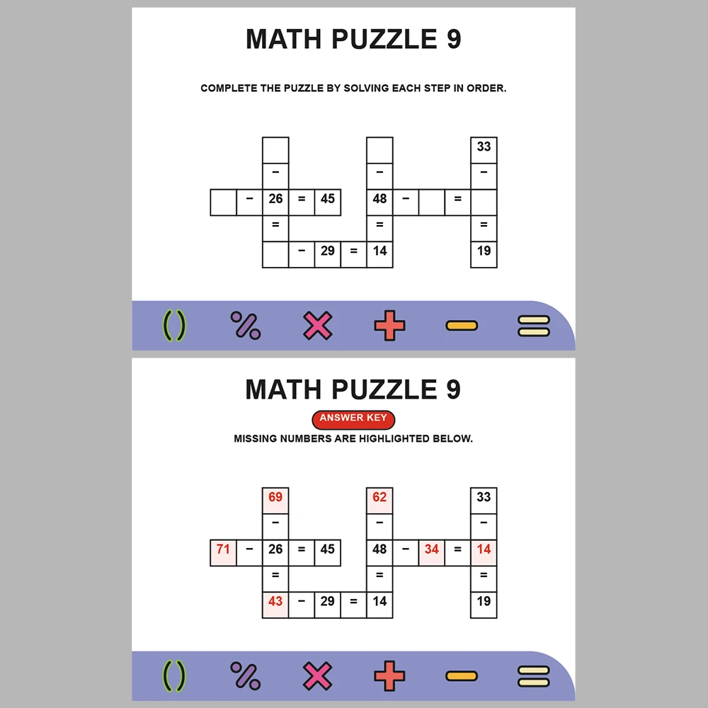 Math Puzzle Subtraction 10 Puzzle Pages + 10 Answer Key Pages (Vol. 2)