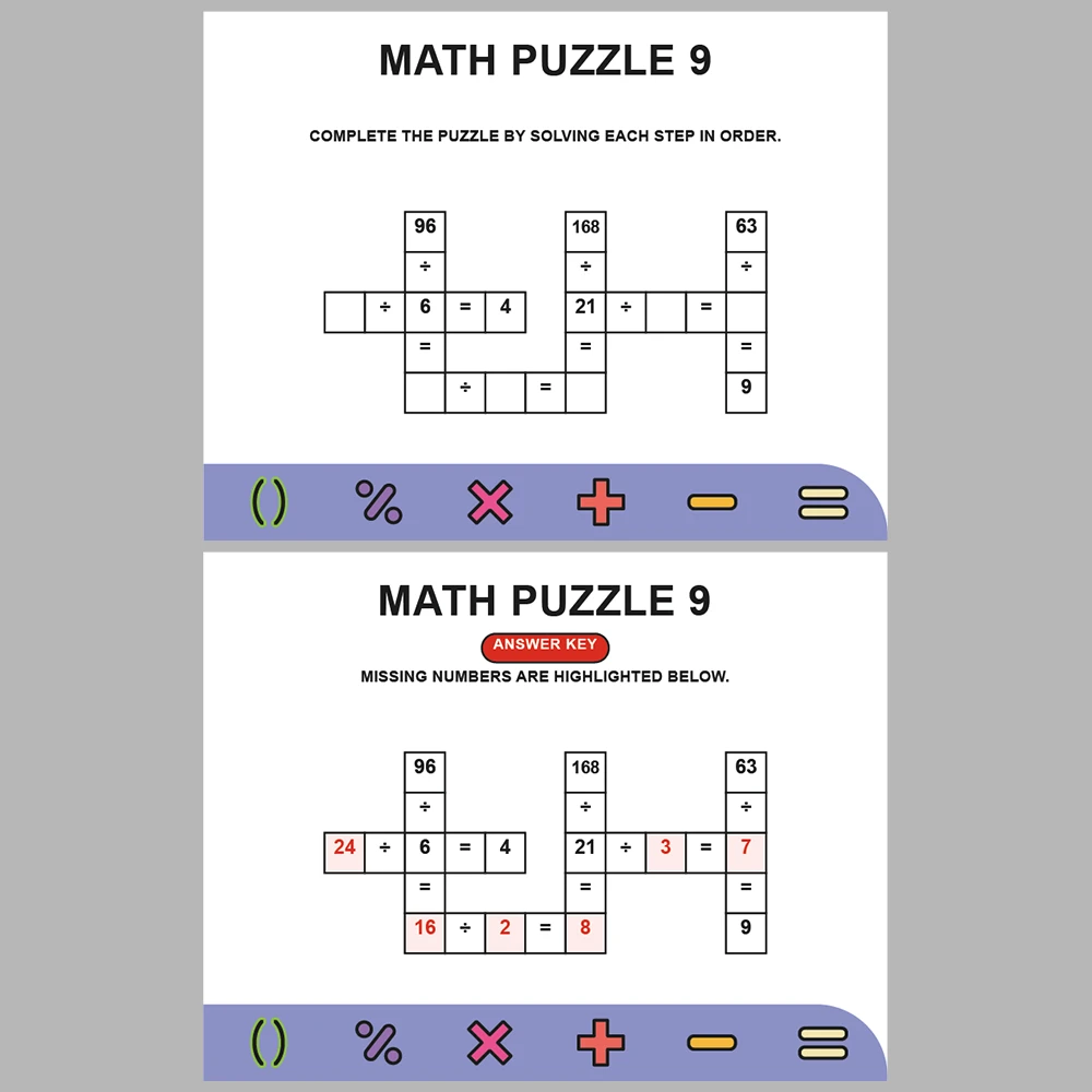 Math Puzzle Division 10 Puzzle Pages + 10 Answer Key Pages (Vol. 3)