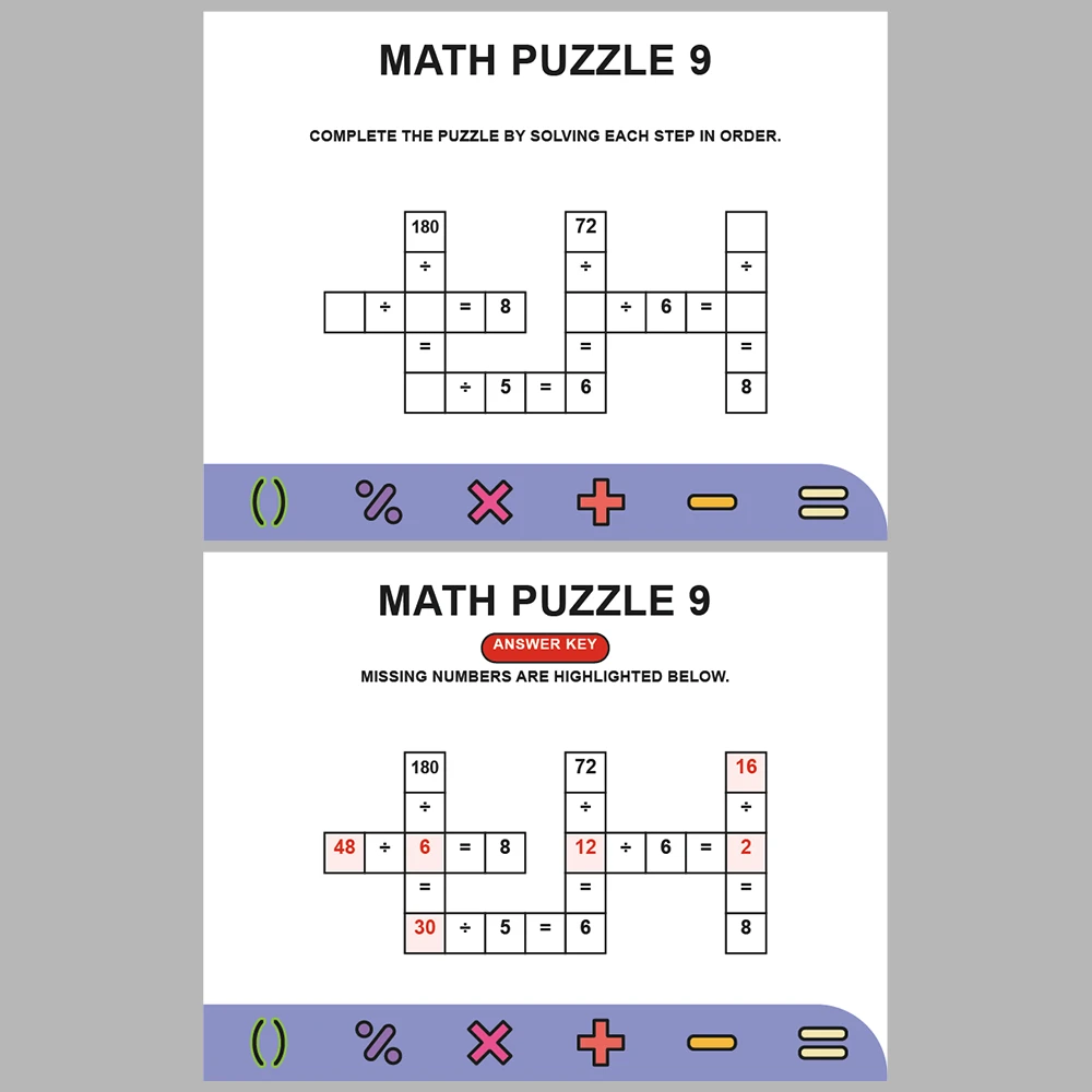 Math Puzzle Division 10 Puzzle Pages + 10 Answer Key Pages (Vol. 2)