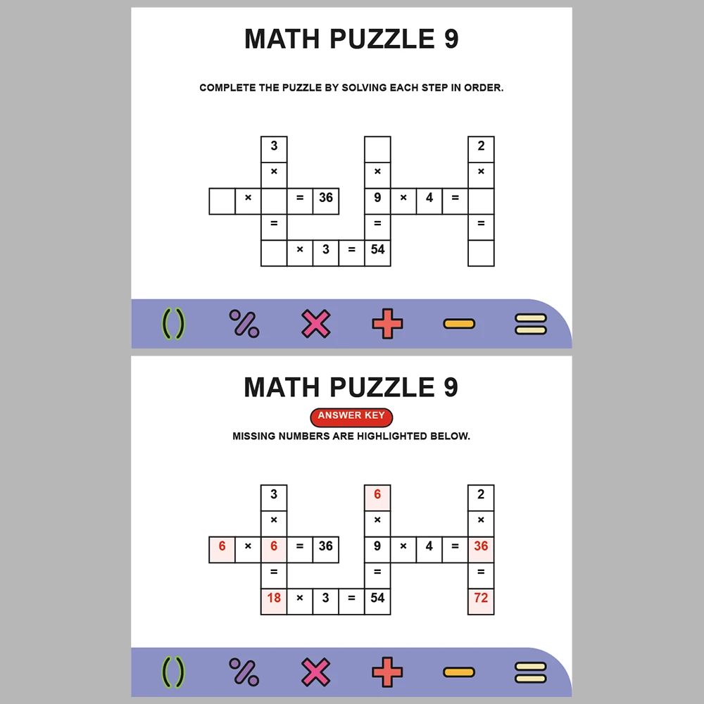 Math Puzzle Multiplication 10 Puzzle Pages + 10 Answer Key Pages (Vol. 7)