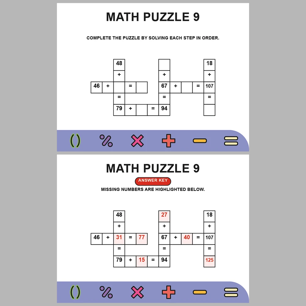 Math Puzzle Addition 10 Puzzle Pages + 10 Answer Key Pages (Vol. 1)