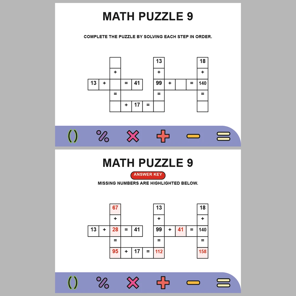 Math Puzzle Addition 10 Puzzle Pages + 10 Answer Key Pages (Vol. 10)