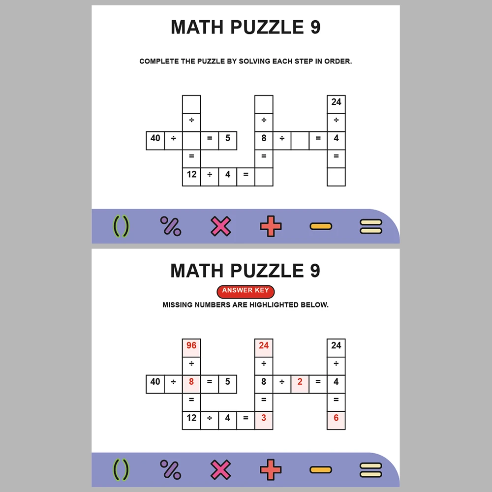 Math Puzzle Division 10 Puzzle Pages + 10 Answer Key Pages (Vol. 1)