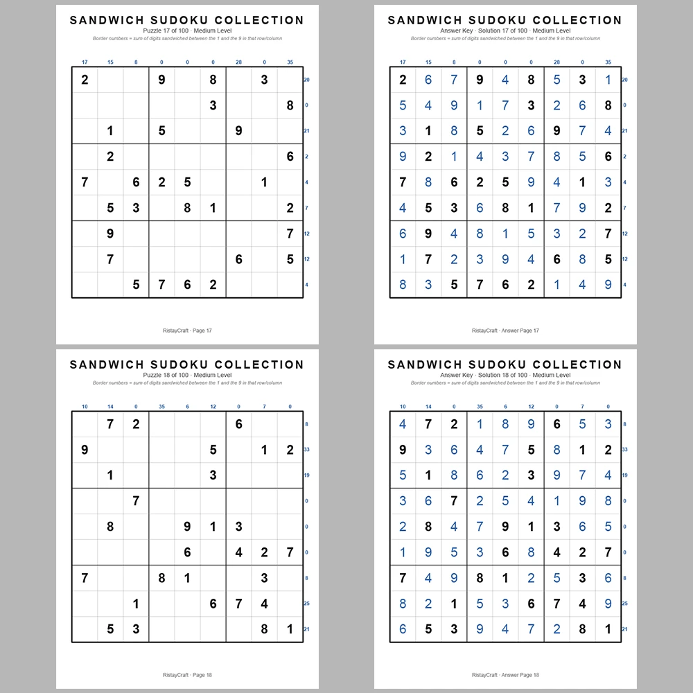 Suooku Puzzle Sandwich Sudoku 100 Puzzle Pages + 100 Answer Key Pages