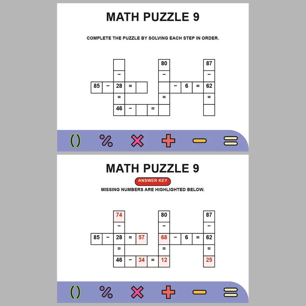 Math Puzzle Subtraction 10 Puzzle Pages + 10 Answer Key Pages (Vol. 9)