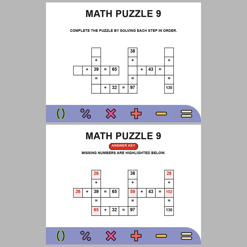 Math Puzzle Addition 10 Puzzle Pages + 10 Answer Key Pages (Vol. 8)