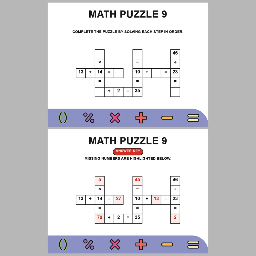 Math Puzzle Four Operations 10 Puzzle Pages + 10 Answer Key Pages (Vol. 8)