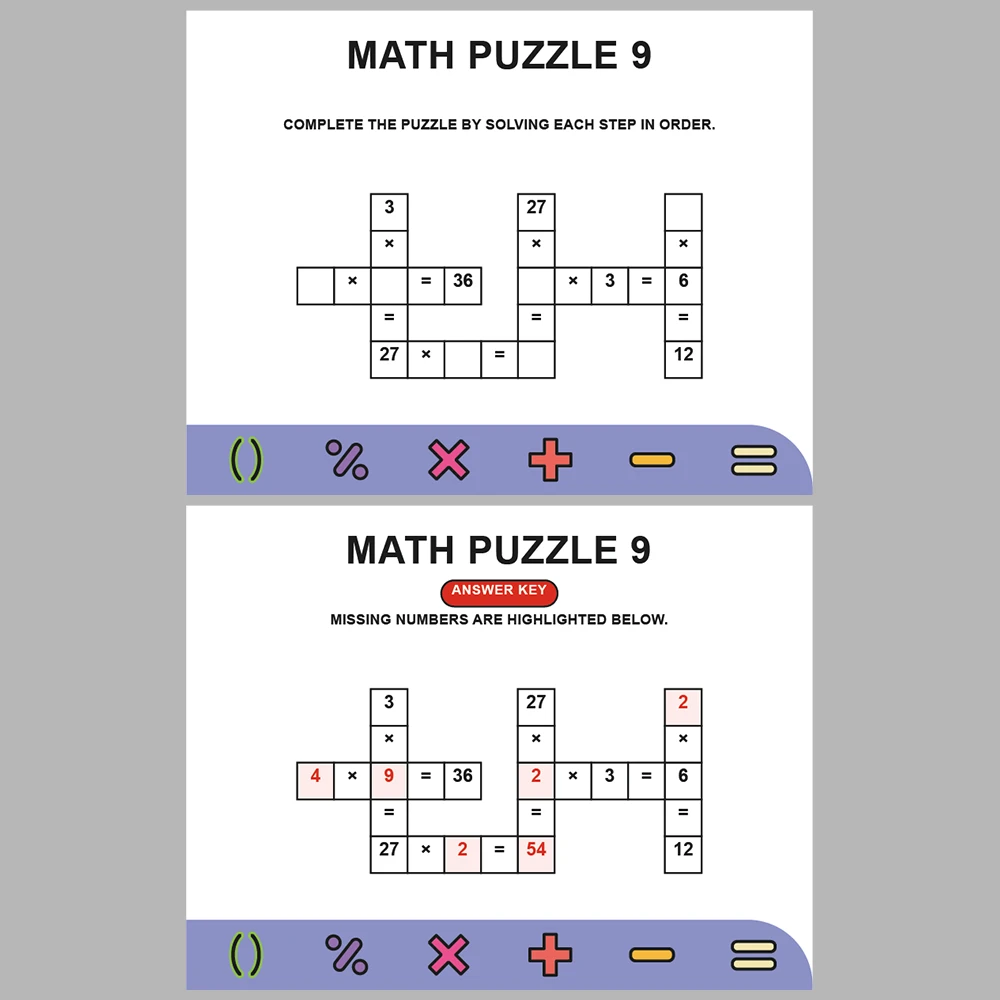 Math Puzzle Multiplication 10 Puzzle Pages + 10 Answer Key Pages (Vol. 4)