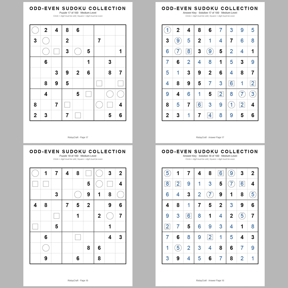 Sudoku Puzzle Odd-even Sudoku 100 Puzzle Pages + 100 Answer Key Pages