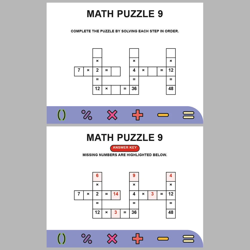 Math Puzzle Multiplication 10 Puzzle Pages + 10 Answer Key Pages (Vol. 9)