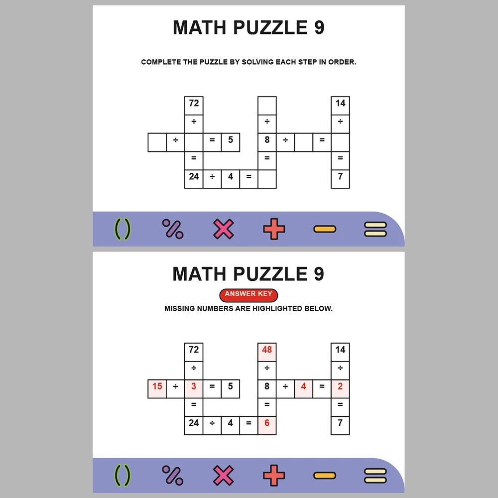 Math Puzzle Division 10 Puzzle Pages + 10 Answer Key Pages (Vol. 5)