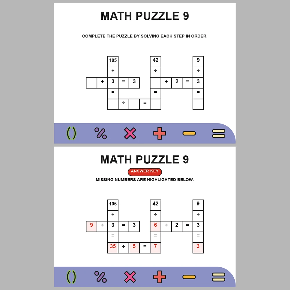 Math Puzzle Division 10 Puzzle Pages + 10 Answer Key Pages (Vol. 8)