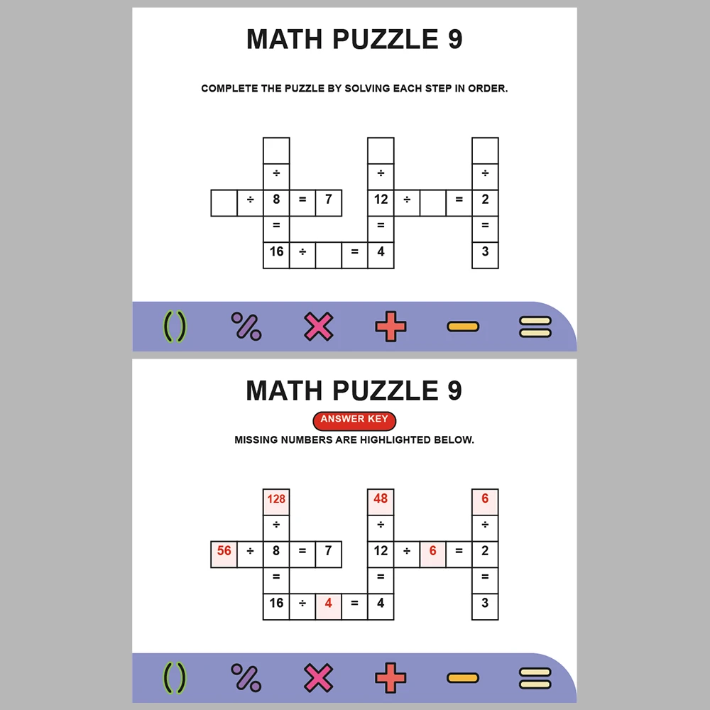 Math Puzzle Division 10 Puzzle Pages + 10 Answer Key Pages (Vol. 6)