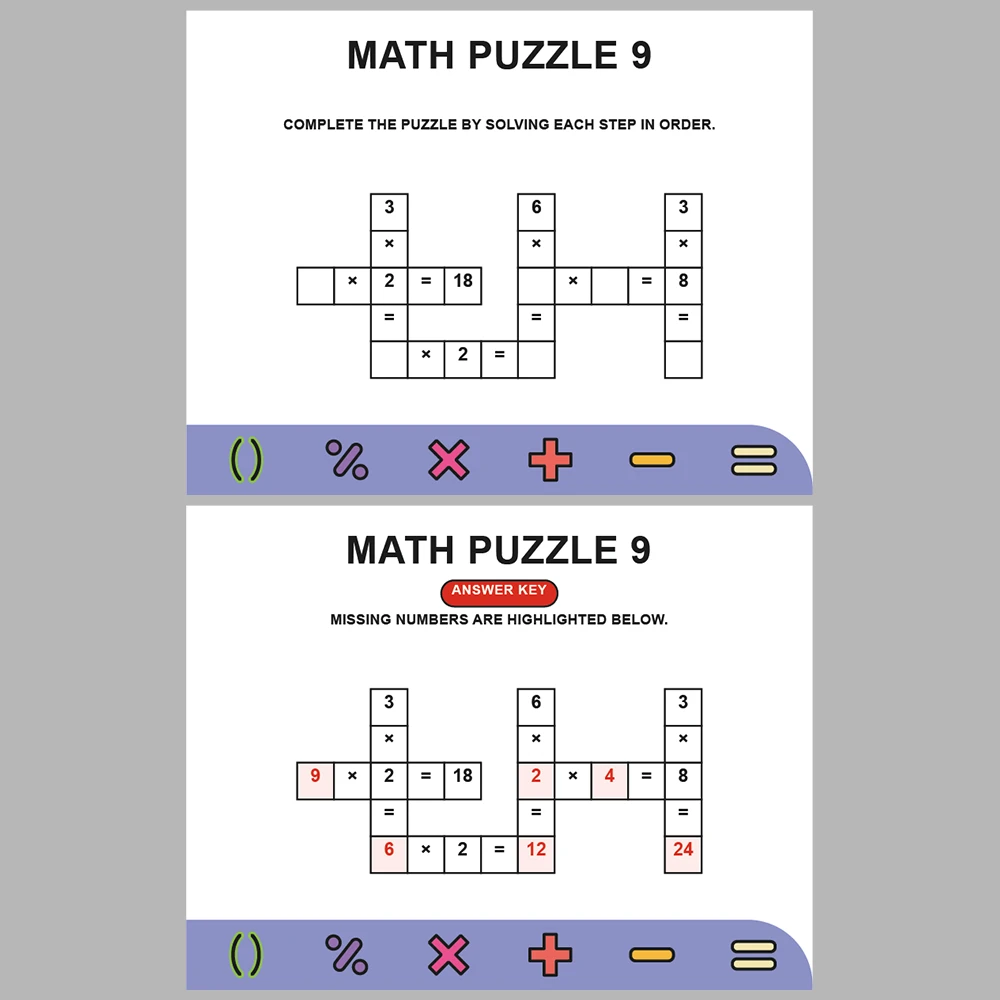 Math Puzzle Multiplication 10 Puzzle Pages + 10 Answer Key Pages (Vol. 8)