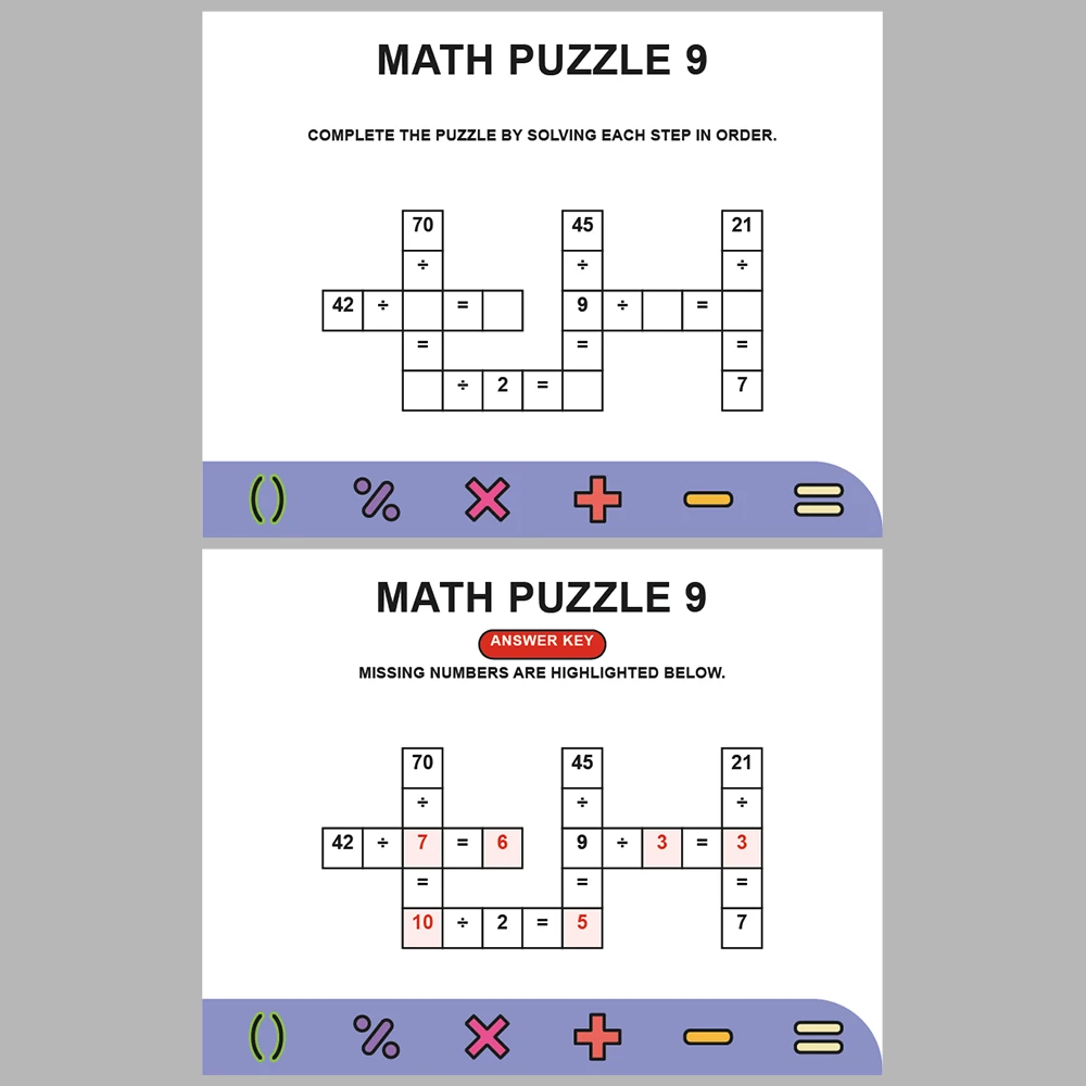 Math Puzzle Division 10 Puzzle Pages + 10 Answer Key Pages (Vol. 7)