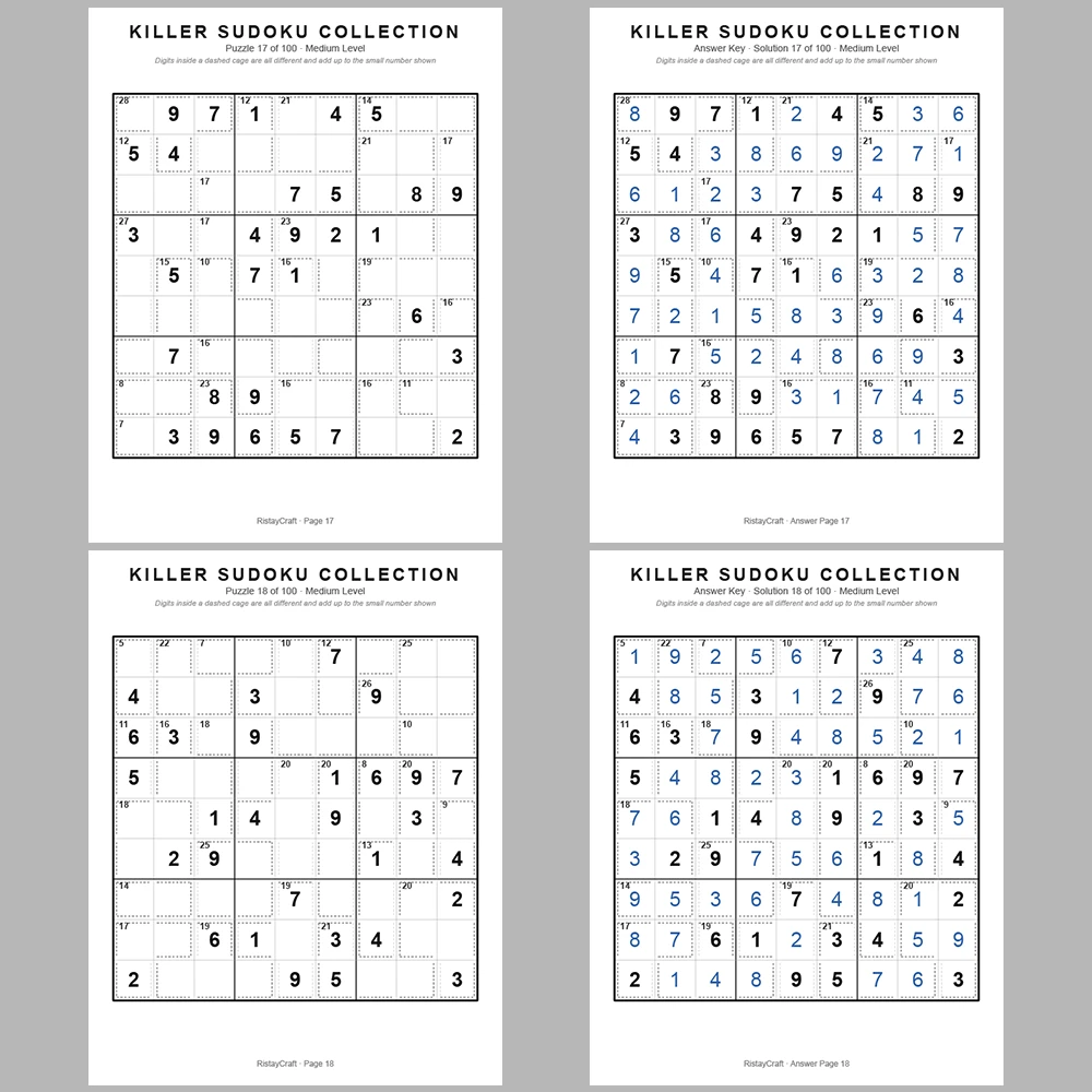 Sudoku Puzzle Killer Sudoku 100 Puzzle Pages + 100 Answer Key Pages