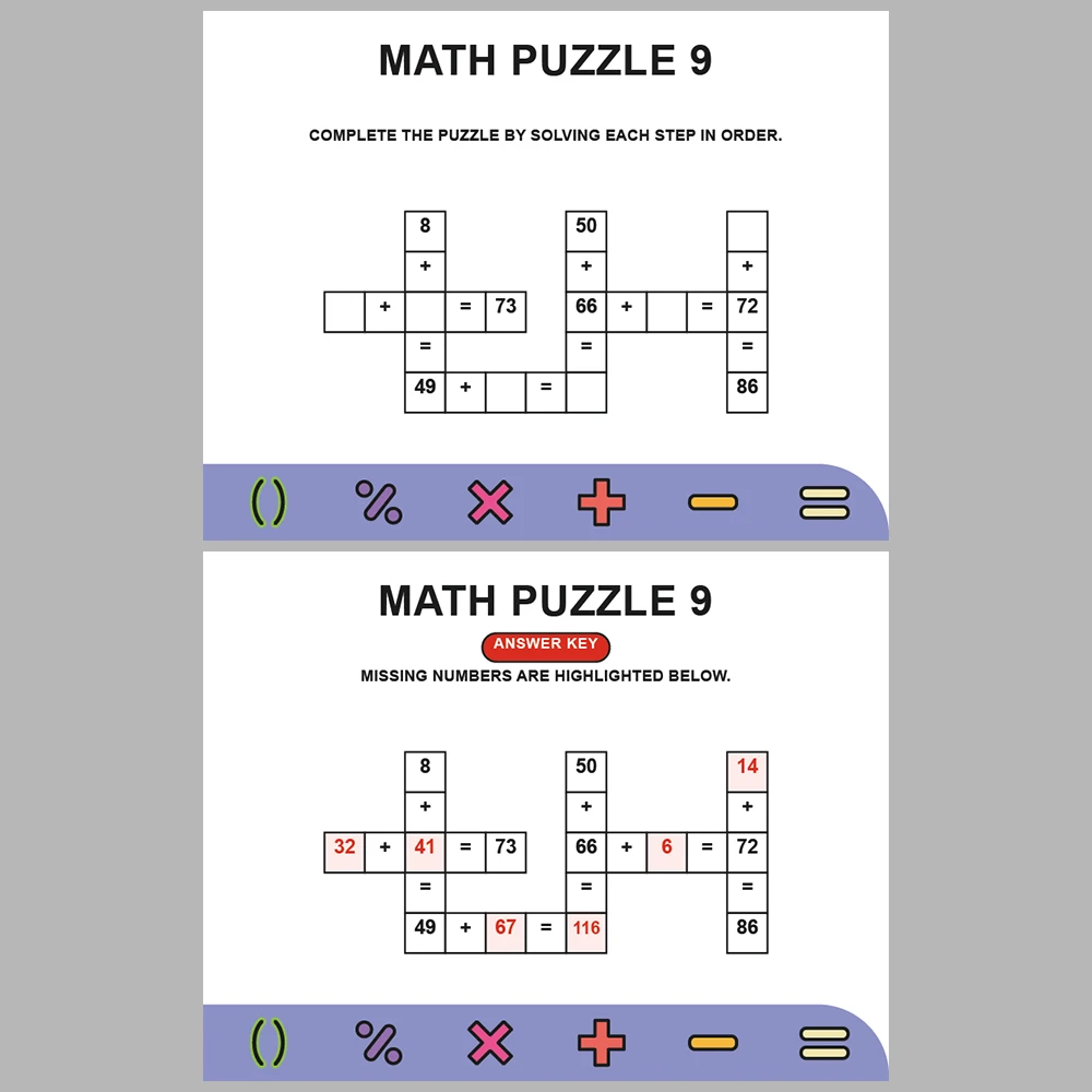 Math Puzzle Addition 10 Puzzle Pages + 10 Answer Key Pages (Vol. 7)