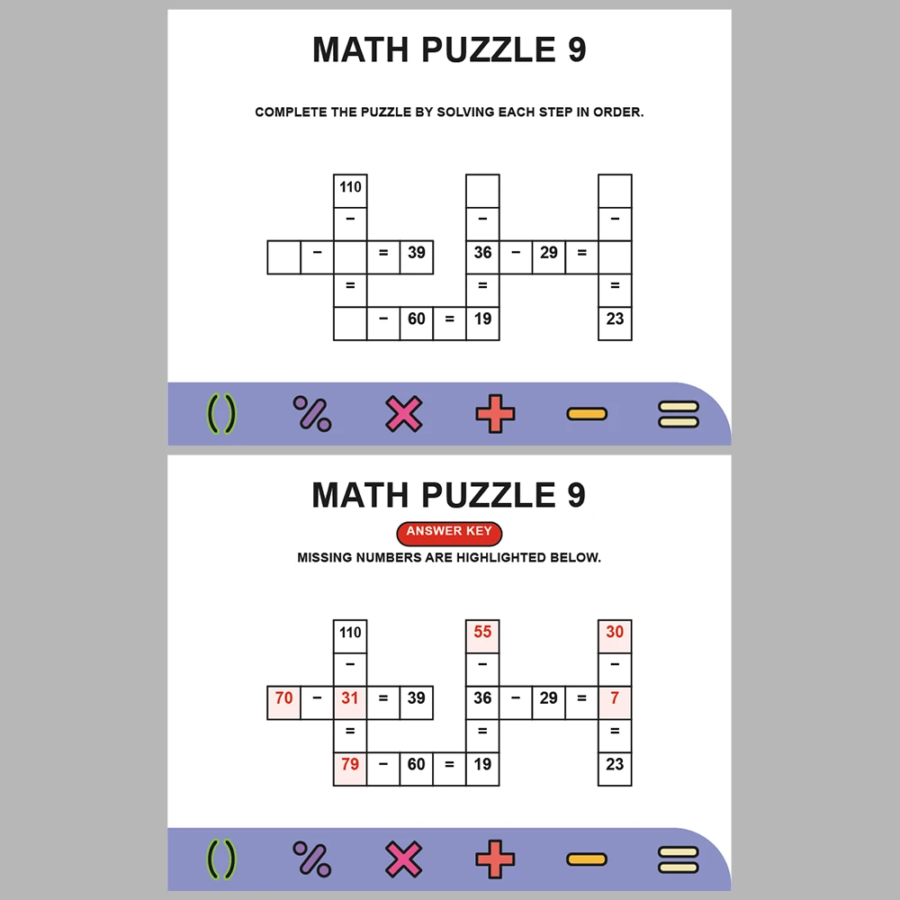 Math Puzzle Subtraction 10 Puzzle Pages + 10 Answer Key Pages (Vol. 1)