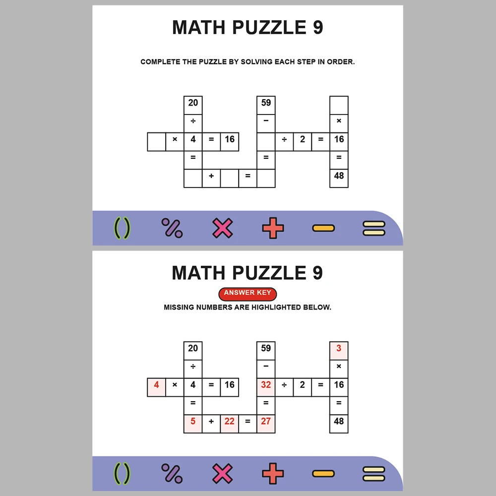Math Puzzle Four Operations 10 Puzzle Pages + 10 Answer Key Pages (Vol. 5)