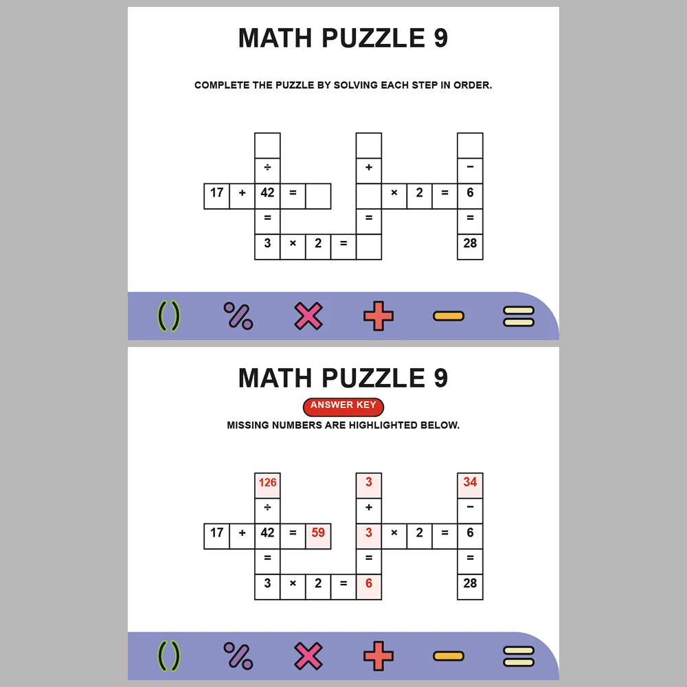 Math Puzzle Four Operations 10 Puzzle Pages + 10 Answer Key Pages (Vol. 16)