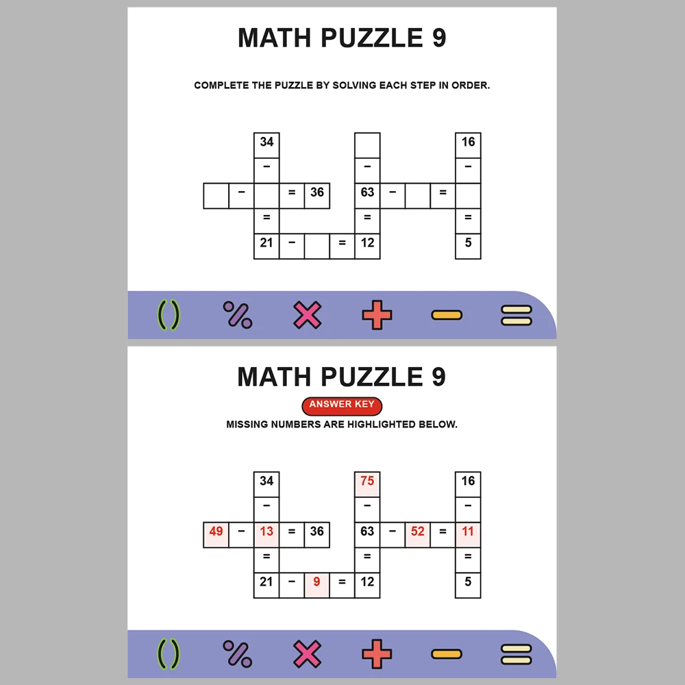 Math Puzzle Subtraction 10 Puzzle Pages + 10 Answer Key Pages (Vol. 6)