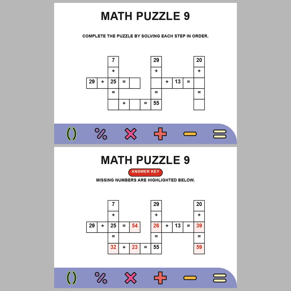 Math Puzzle Addition 10 Puzzle Pages + 10 Answer Key Pages (Vol. 9)
