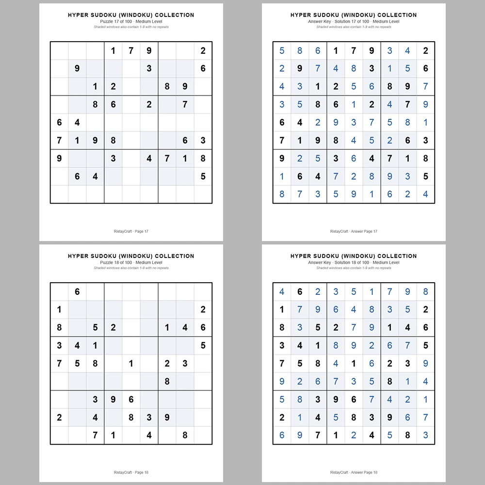 Sudoku Puzzle Hyper Sudoku 100 Puzzle Pages + 100 Answer Key Pages