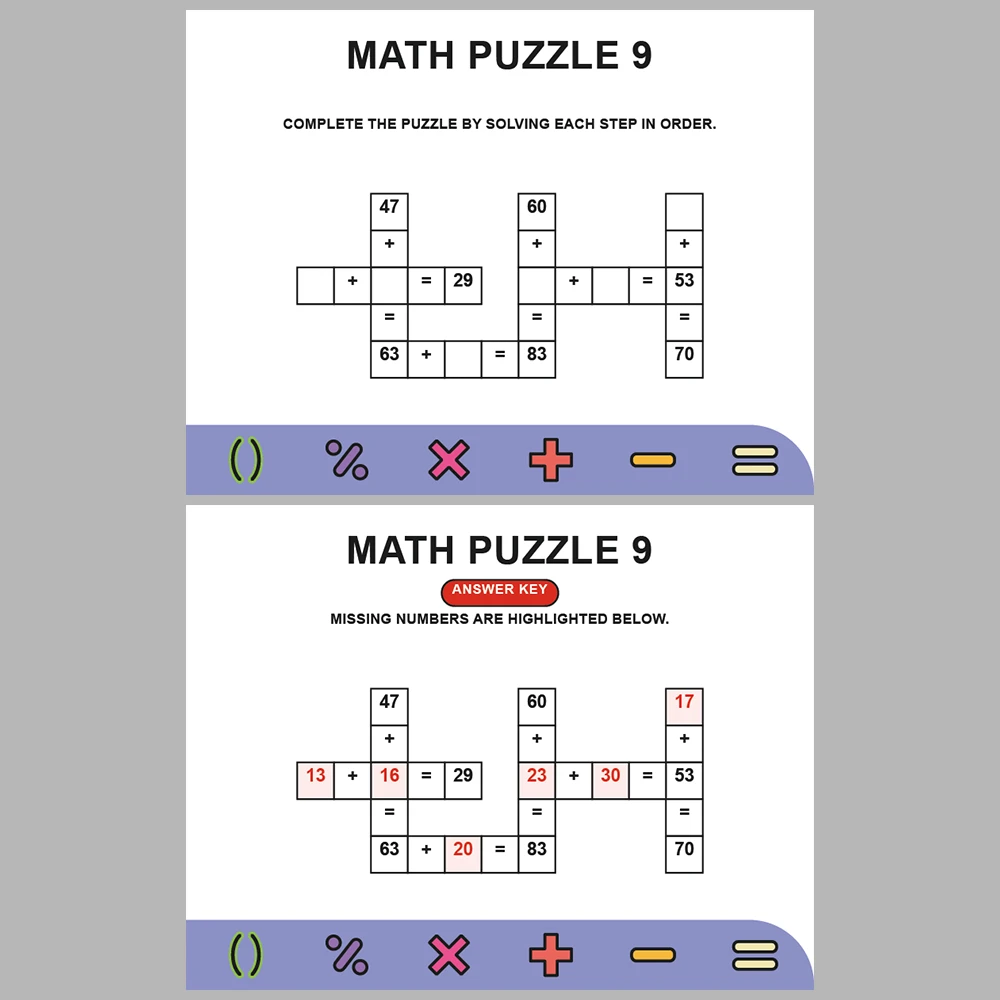Math Puzzle Addition 10 Puzzle Pages + 10 Answer Key Pages (Vol. 3)