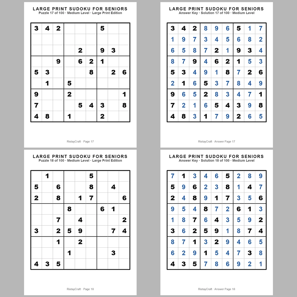 Sudoku Puzzle Senior – Medium 100 Puzzle Pages + 100 Answer Key Pages
