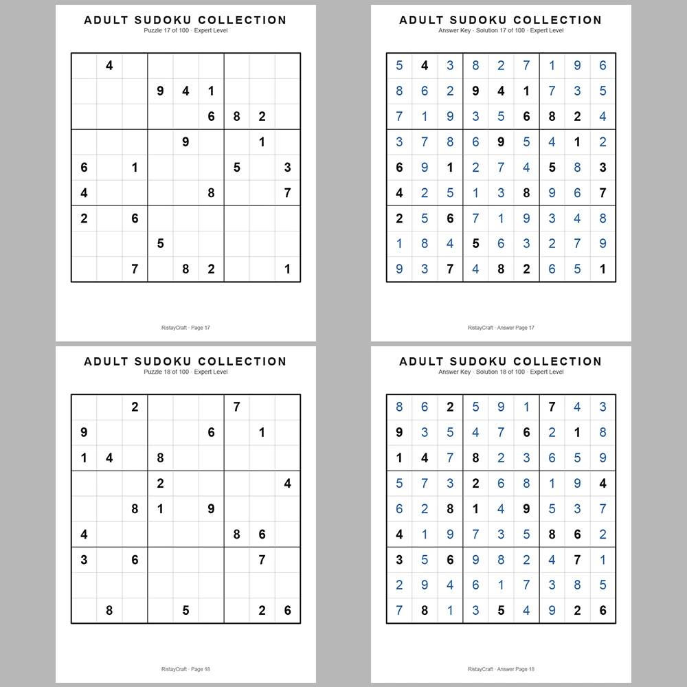 Sudoku Puzzle Adult Expert 100 Puzzle Pages + 100 Answer Key Pages