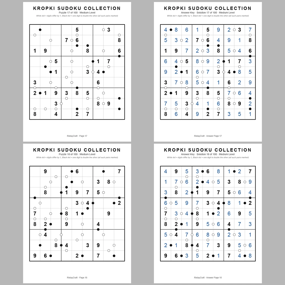 Sudoku Puzzle Kropki Sudoku 100 Puzzle Pages + 100 Answer Key Pages