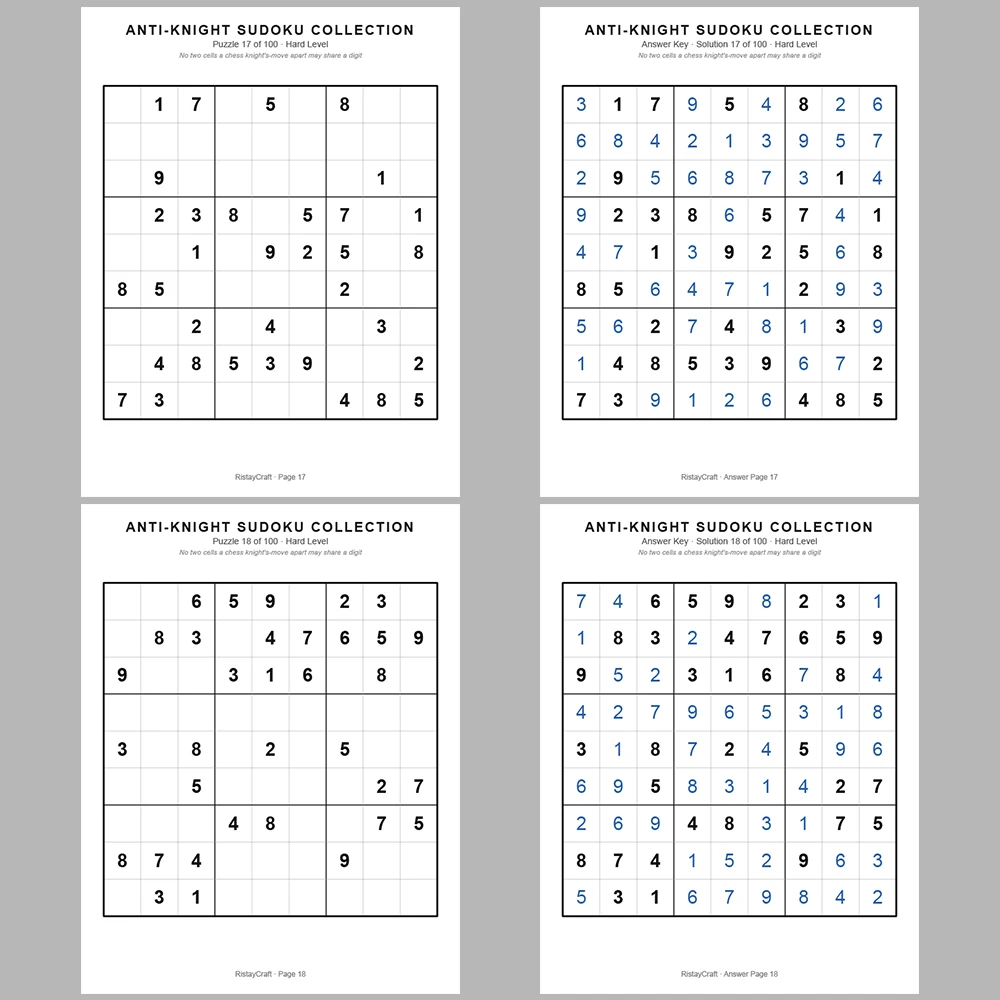 Sudoku Puzzle Anti-knight Sudoku 100 Puzzle Pages + 100 Answer Key Pages