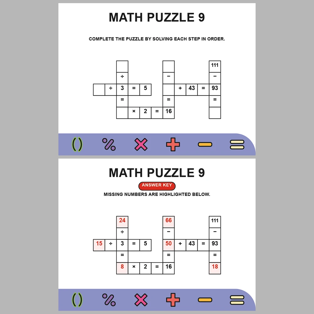 Math Puzzle Four Operations 10 Puzzle Pages + 10 Answer Key Pages (Vol. 17)