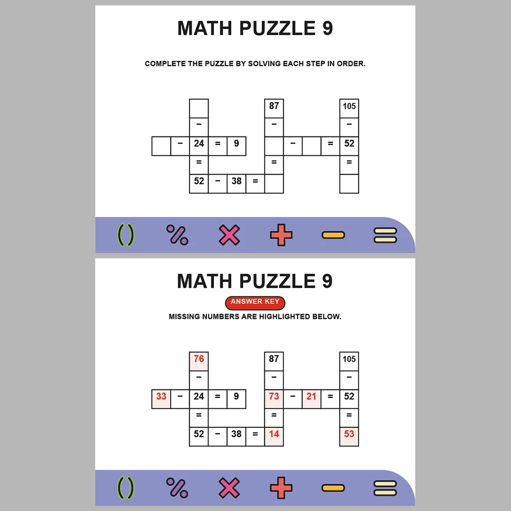 Math Puzzle Subtraction 10 Puzzle Pages + 10 Answer Key Pages (Vol. 3)
