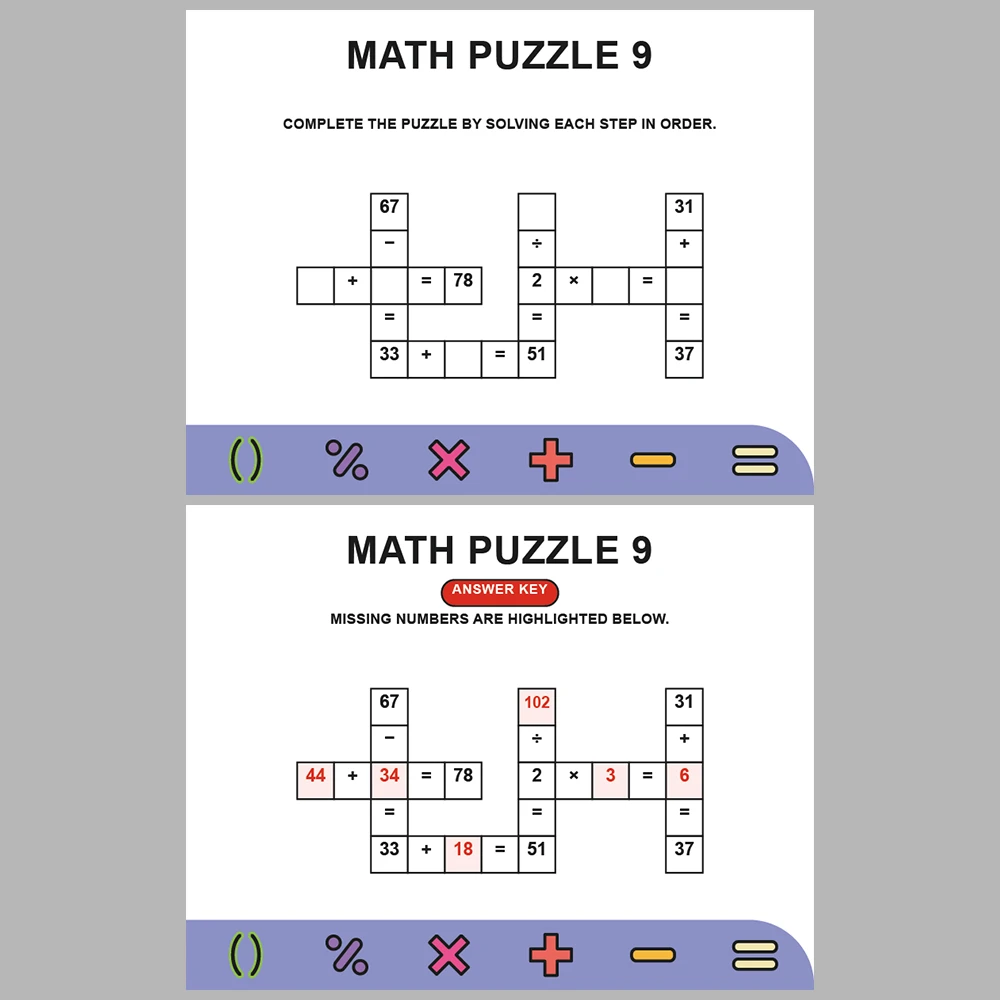 Math Puzzle Four Operations 10 Puzzle Pages + 10 Answer Key Pages (Vol. 10)